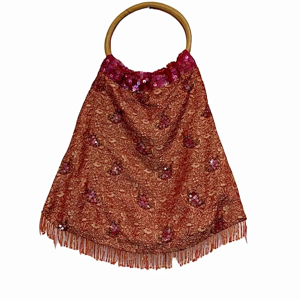 Embroidered & Beaded Fringe Evening Bag With Bamboo Handle